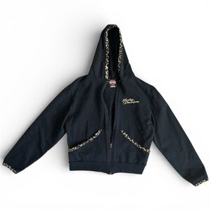 Vintage Harley-Davidson Black Hoodie with Leopard Trim Medium Y2K